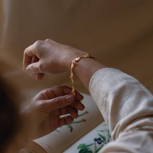 Model wearing Bromelia Articulated Bracelet