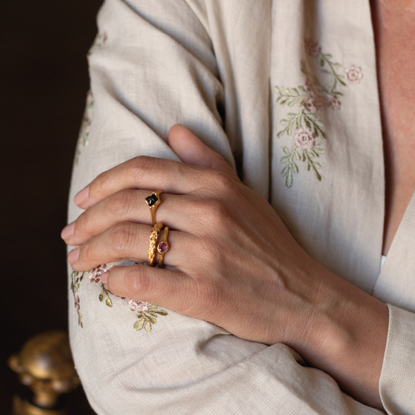 Model wearing Bromelia Ring with Garnets